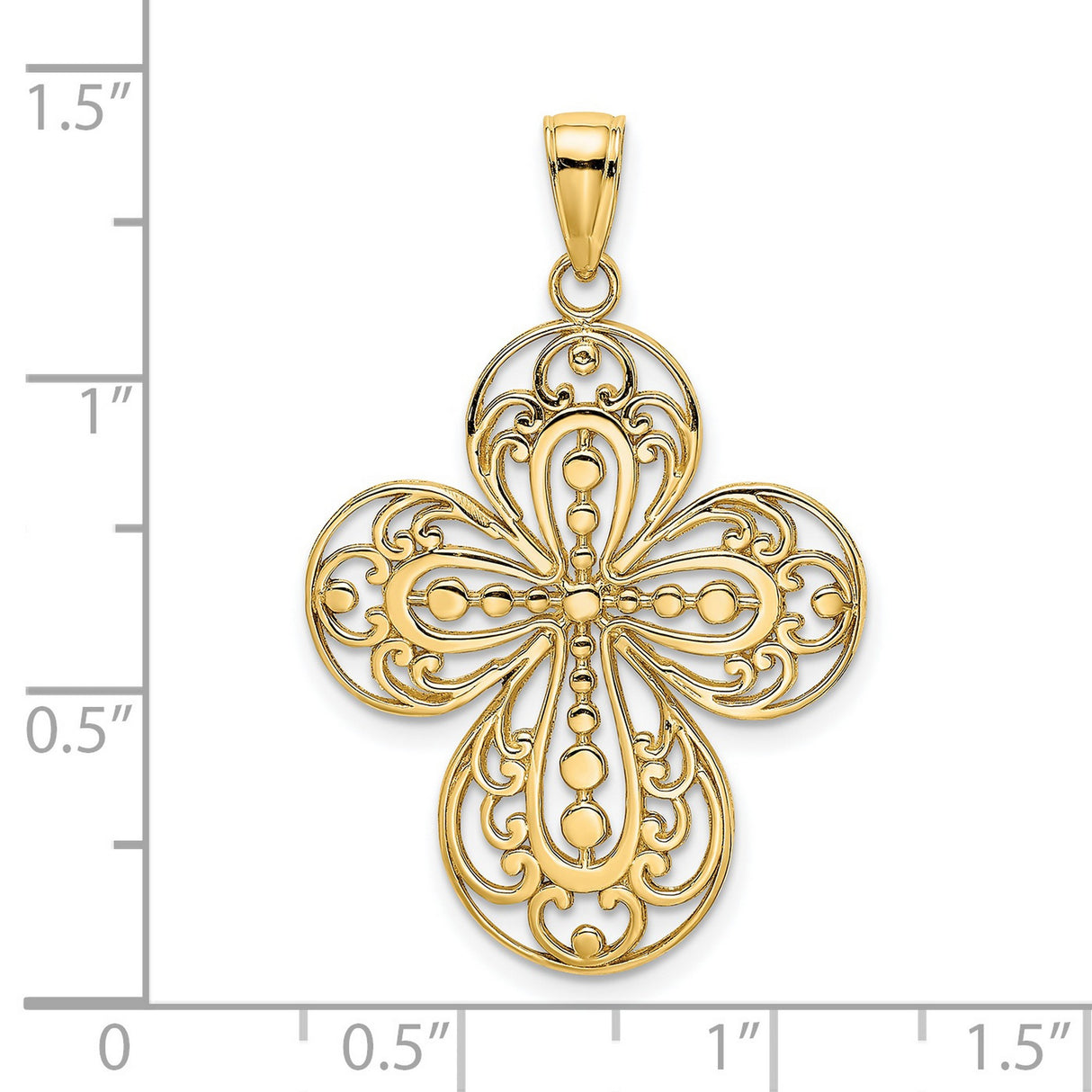 14k Yellow Gold Filigree Cross Pendant with Curved Design and Vintage Floral Motif