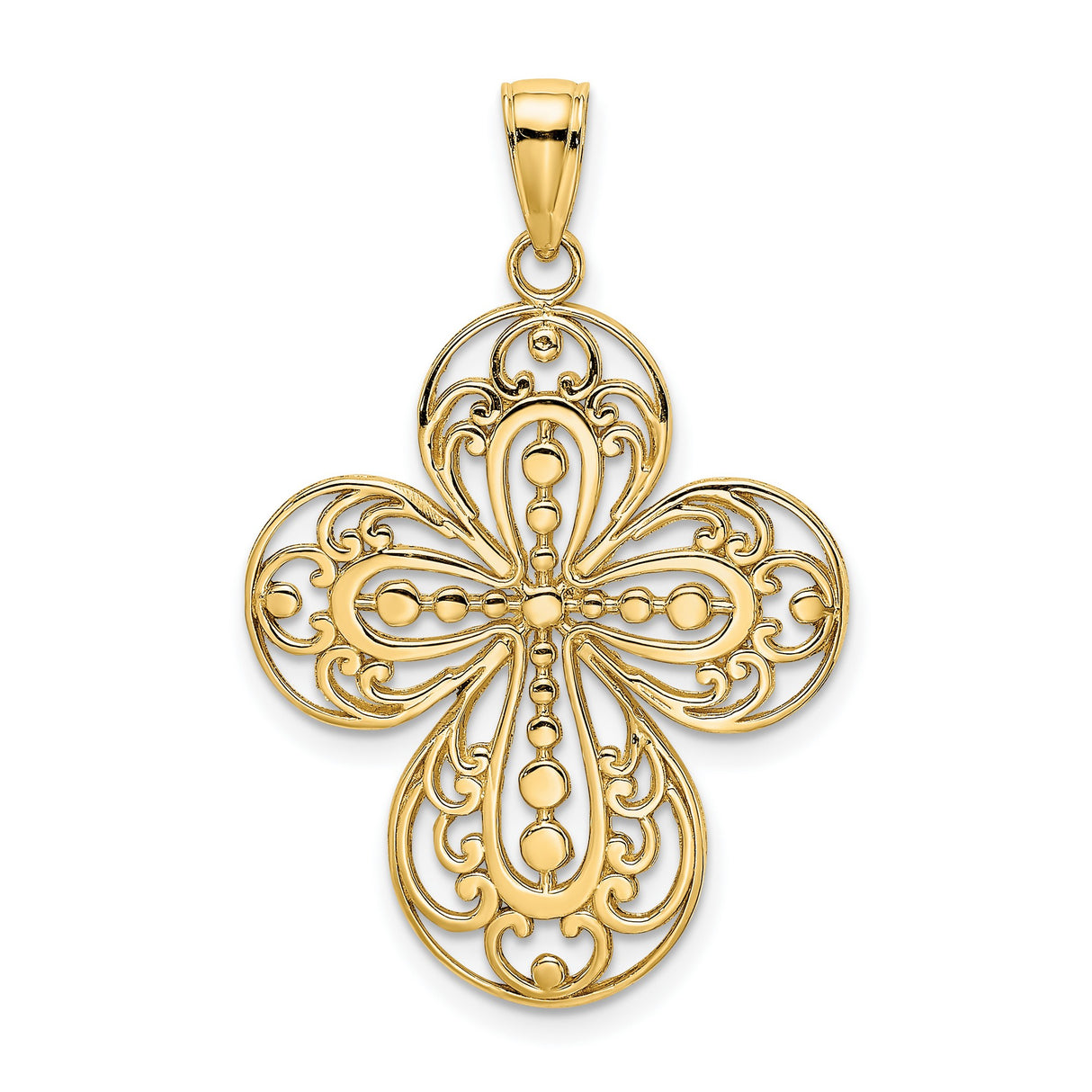 14k Yellow Gold Filigree Cross Pendant with Curved Design and Vintage Floral Motif
