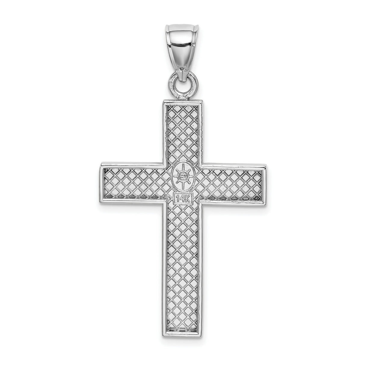 14k White Gold Cross Pendant with Open Back Block Design, High Polish Finish, Unisex Religious Jewelry