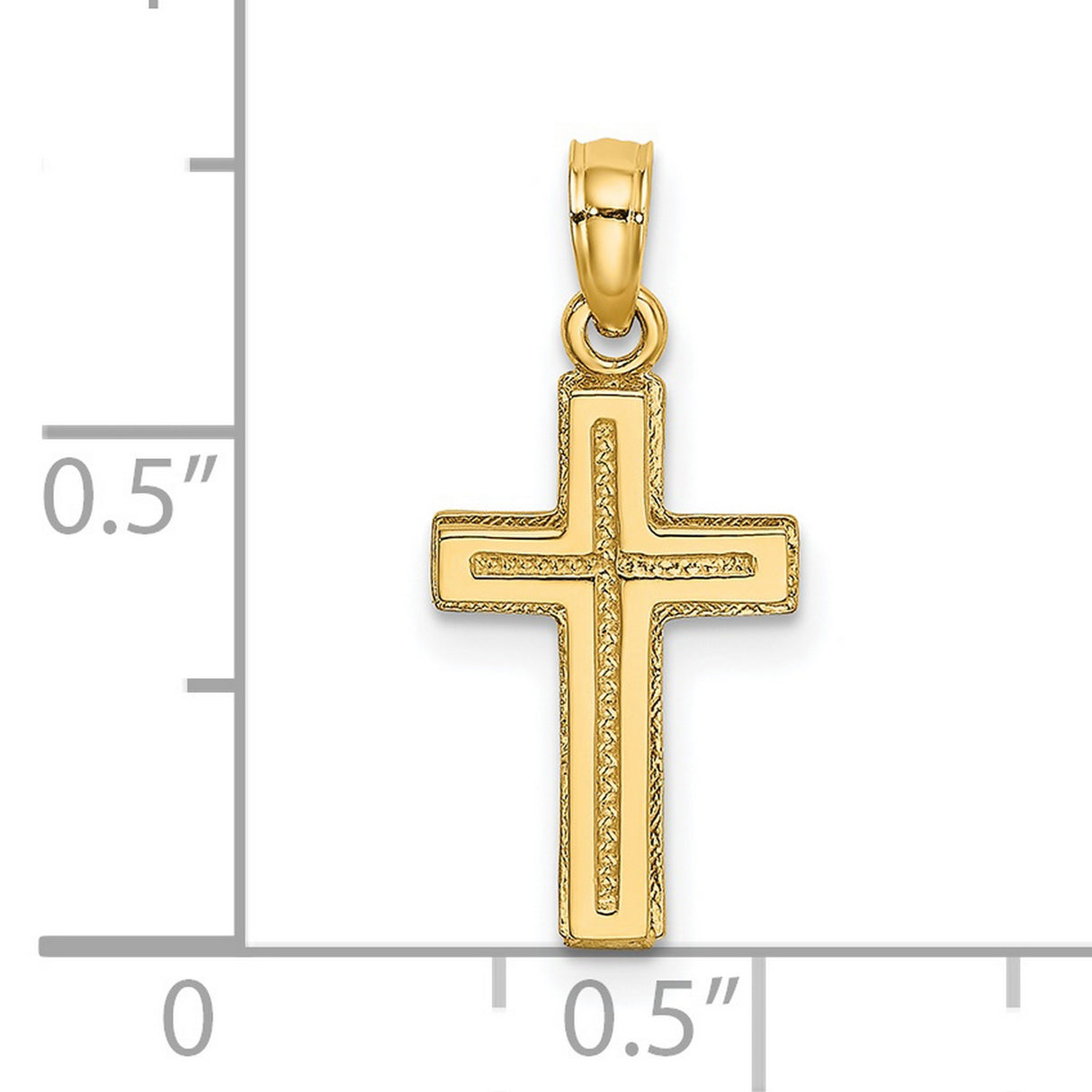 14k Yellow Gold Cross Pendant with Polished Finish, Textured Design, Beveled Edges