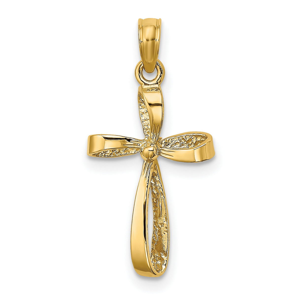 14k Yellow Gold Cross Pendant with Twisted Design and Beaded Center