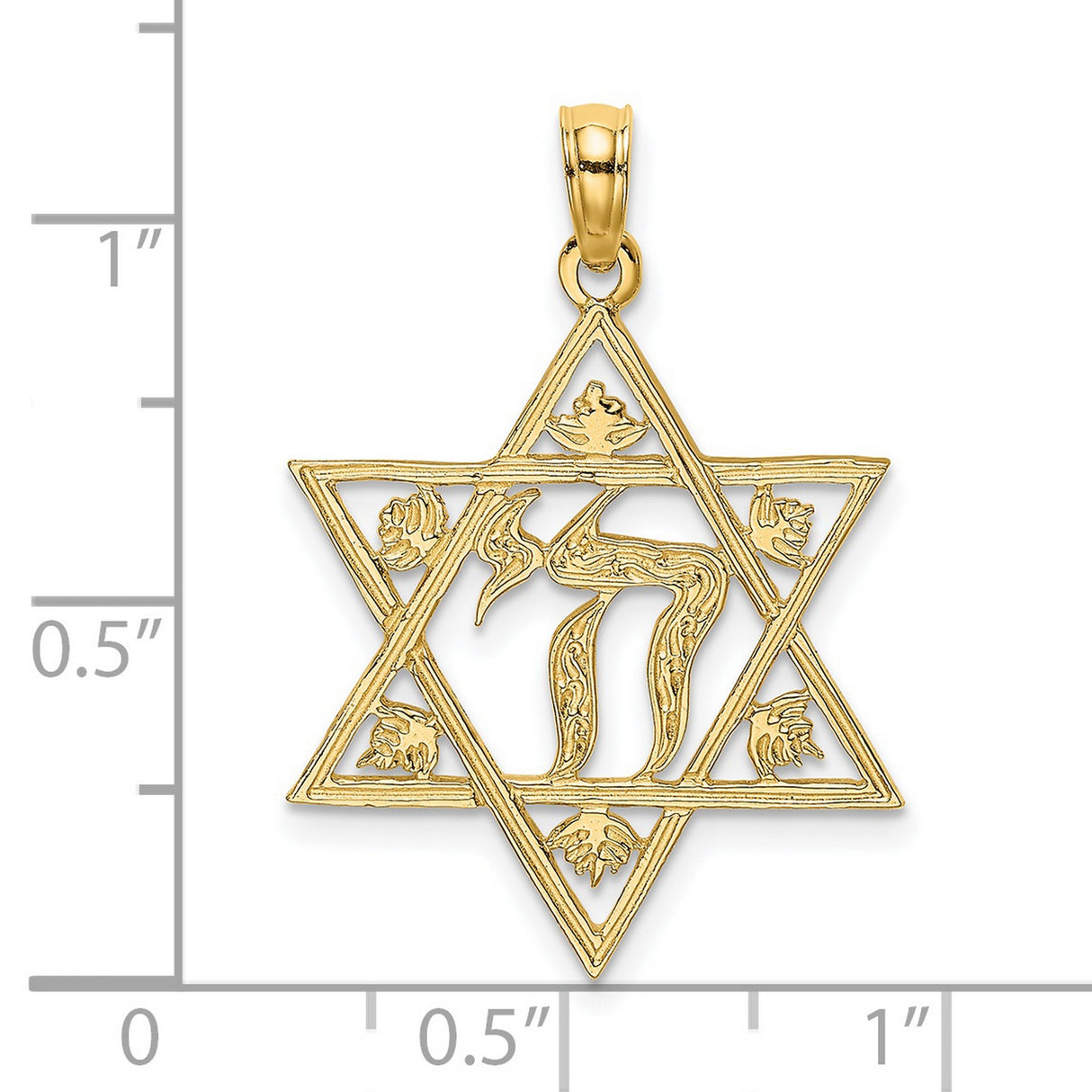 14k Yellow Gold Star of David Pendant with Chai Symbol and Floral Accents