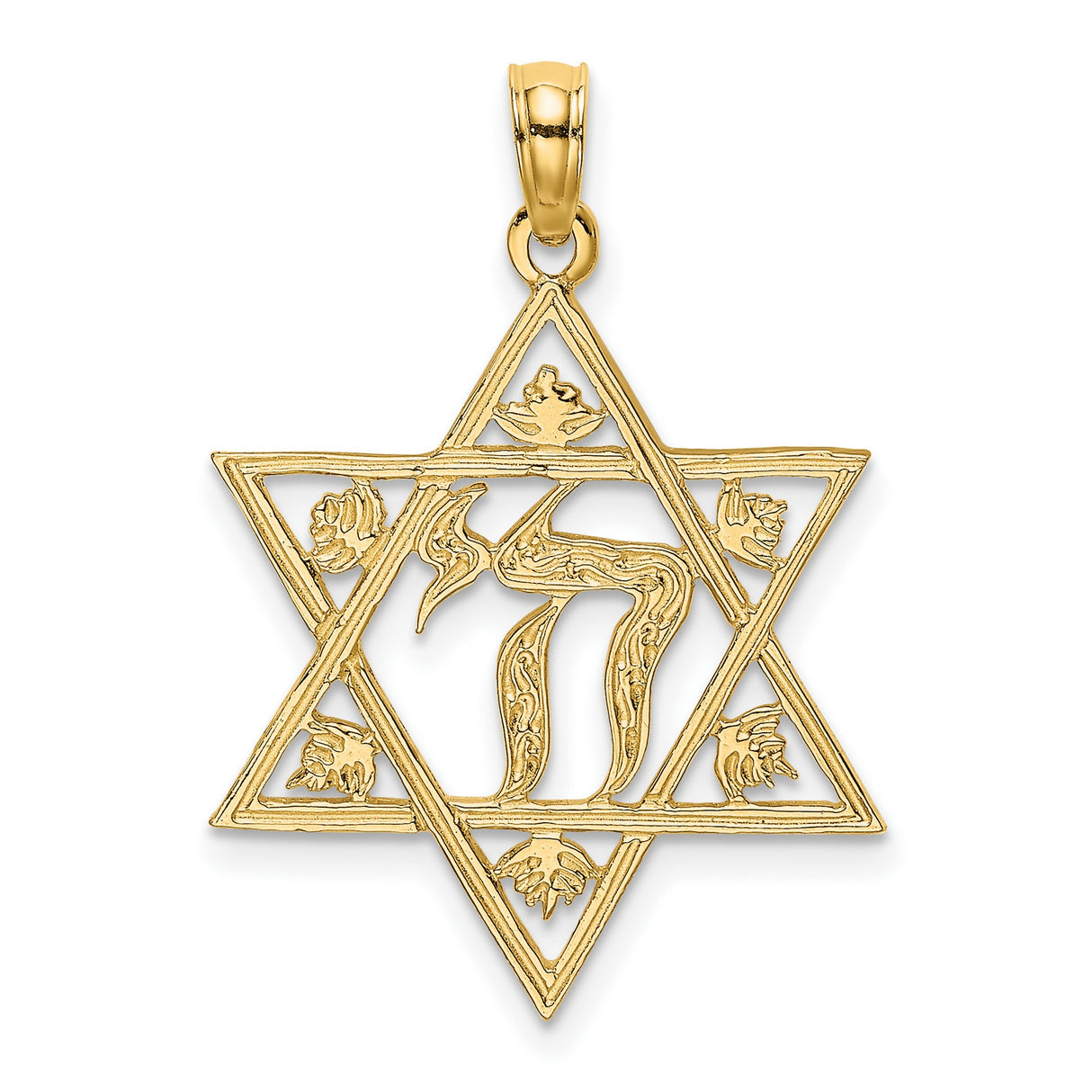 14k Yellow Gold Star of David Pendant with Chai Symbol and Floral Accents
