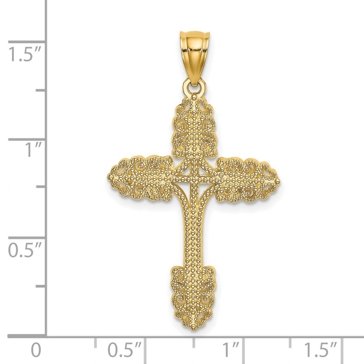 14k Yellow Gold Cross Pendant with Intricate Beaded Design, Textured Baroque Style
