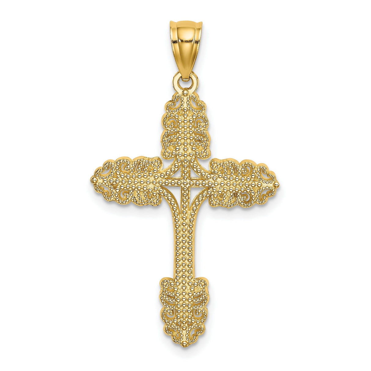 14k Yellow Gold Cross Pendant with Intricate Beaded Design, Textured Baroque Style
