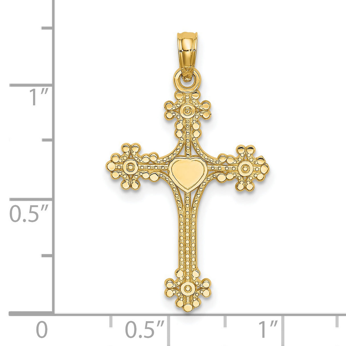 14k Yellow Gold Cross Pendant with Floral Motif, Baroque Design, and Heart Center