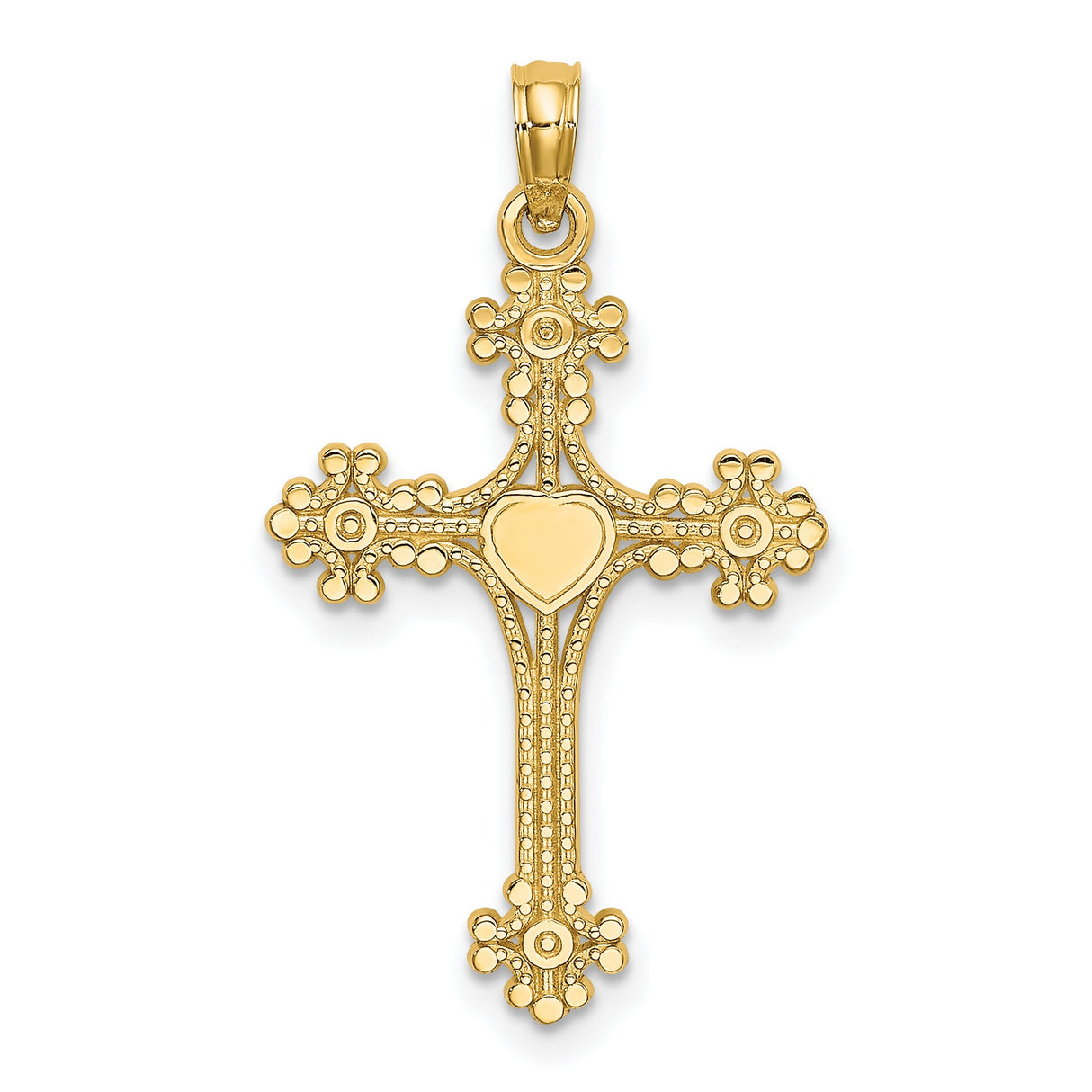 14k Yellow Gold Cross Pendant with Floral Motif, Baroque Design, and Heart Center
