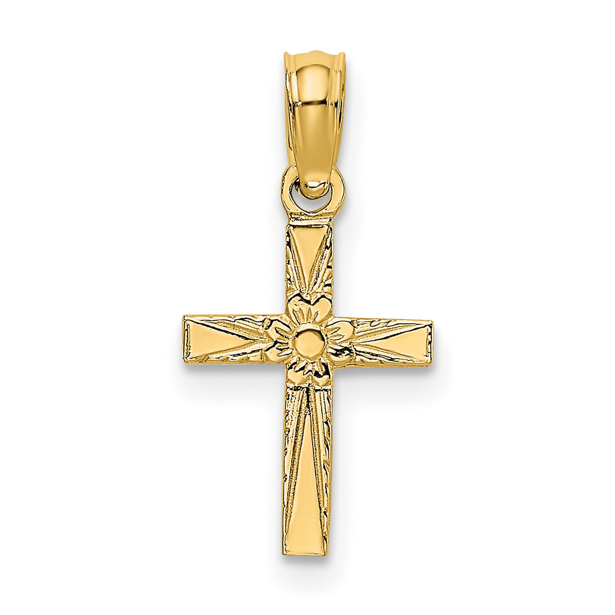 14k Yellow Gold Cross Pendant with Floral Detail, Polished Religious Charm