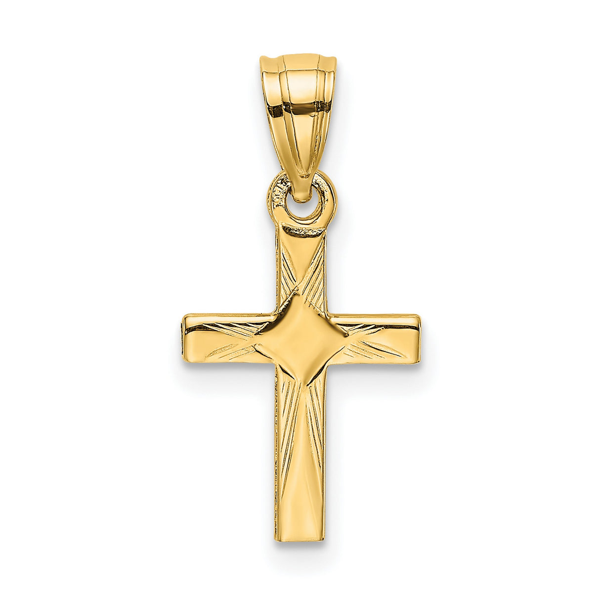 14k Yellow Gold Cross Pendant with Diamond Cut Starburst Texture for Men and Women