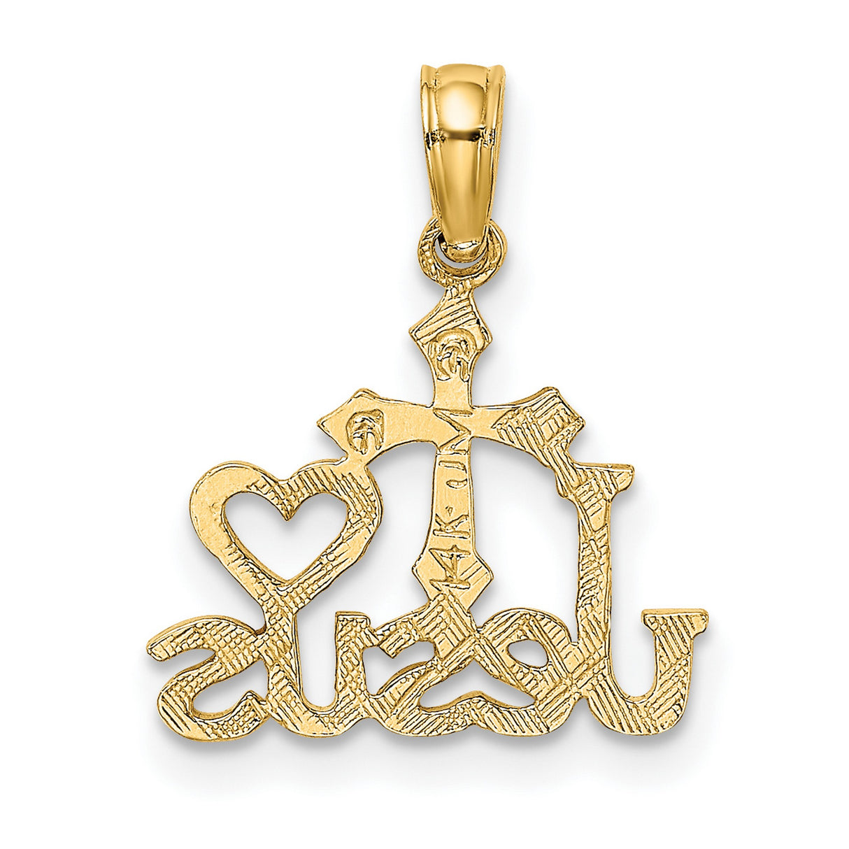 14k Yellow Gold Cross Pendant with Beveled Edge and Heart Charm for Men and Women