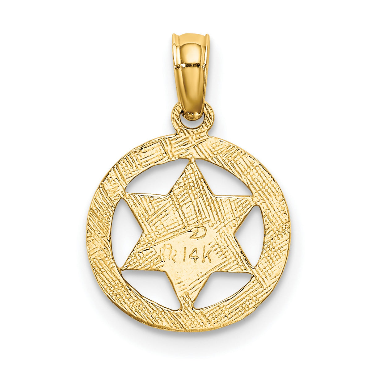 14k Yellow Gold Star of David Pendant with Textured Round Border and Hebrew Chai Symbol