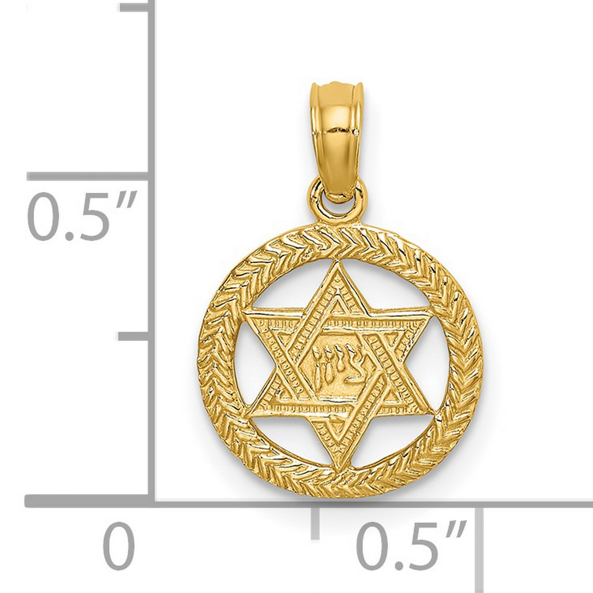 14k Yellow Gold Star of David Pendant with Textured Round Border and Hebrew Chai Symbol