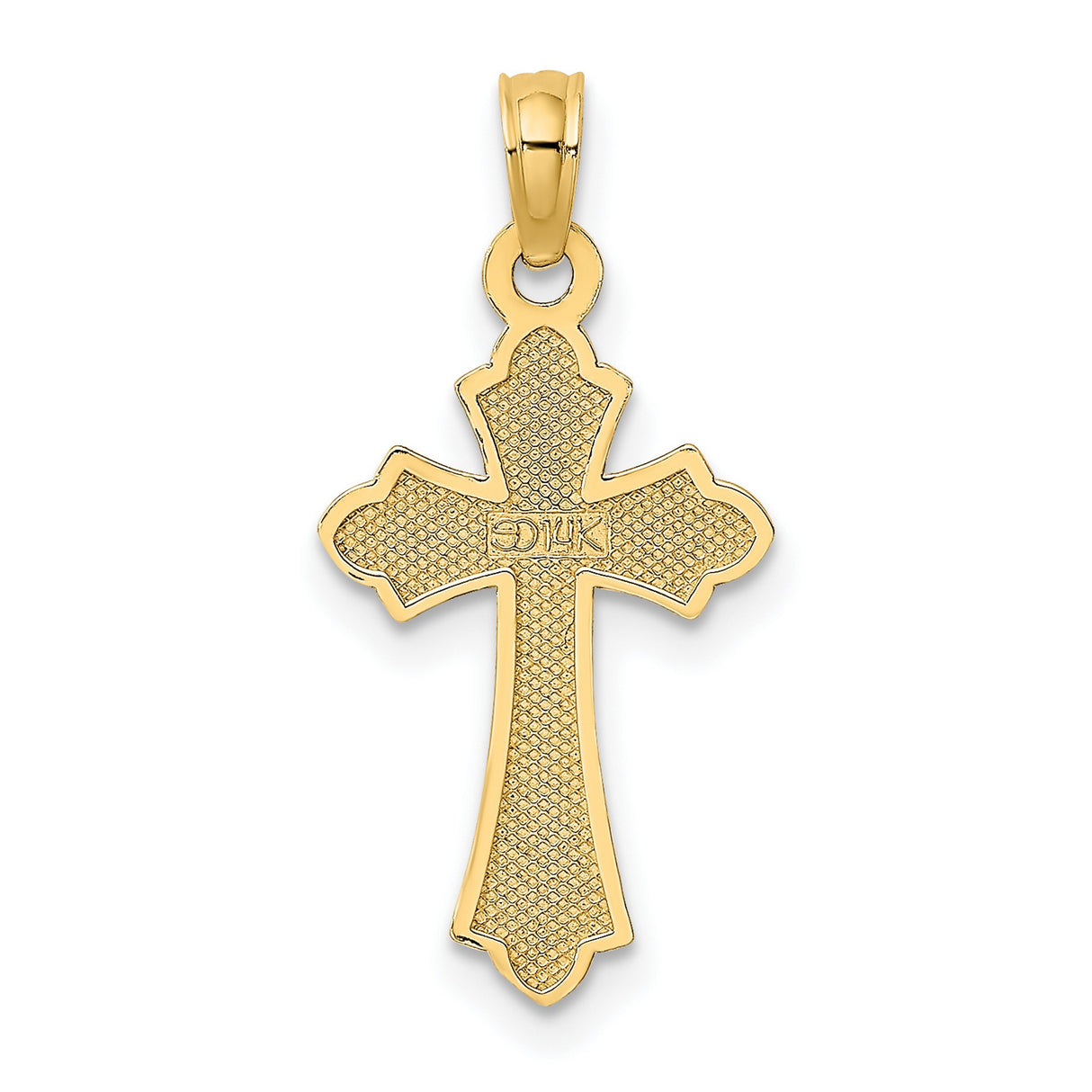14k Yellow Gold Cross Pendant with Textured Curve Design and Polished Heart Center