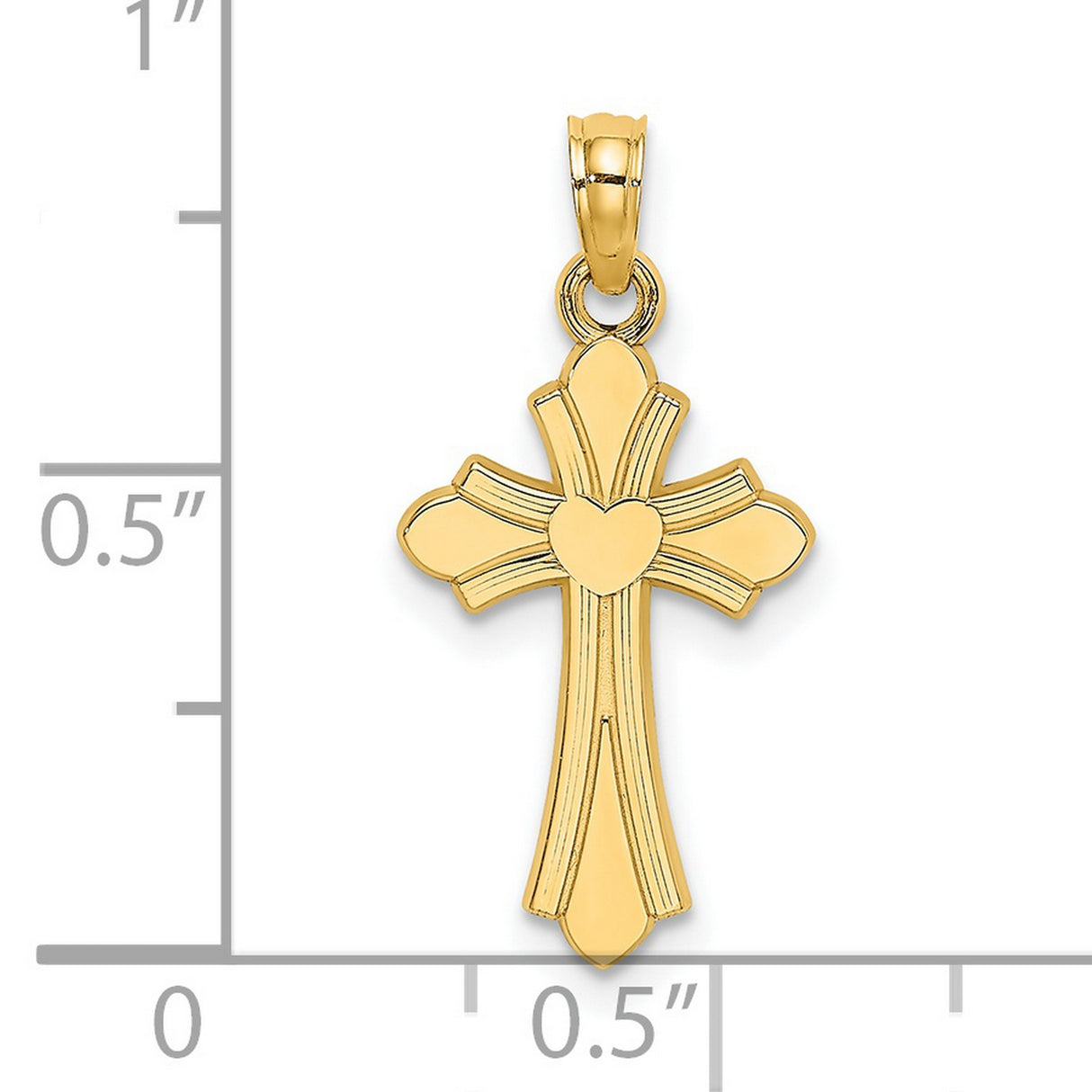 14k Yellow Gold Cross Pendant with Textured Curve Design and Polished Heart Center