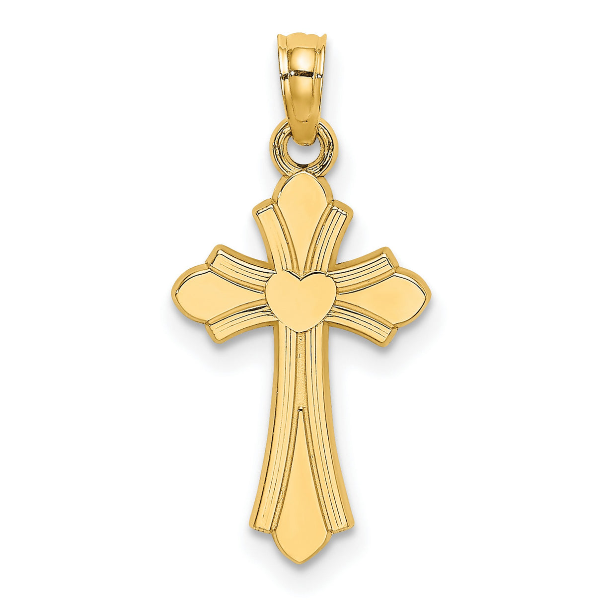 14k Yellow Gold Cross Pendant with Textured Curve Design and Polished Heart Center