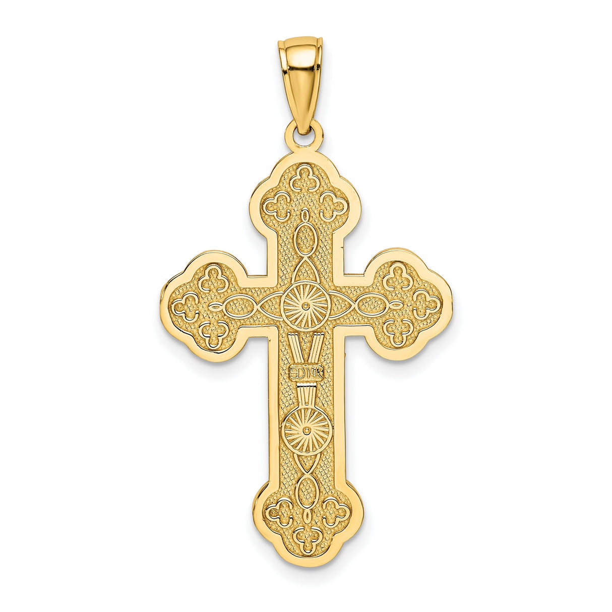 14k Yellow Gold Cross Pendant with Sunburst Center and Etched Design for Men and Women