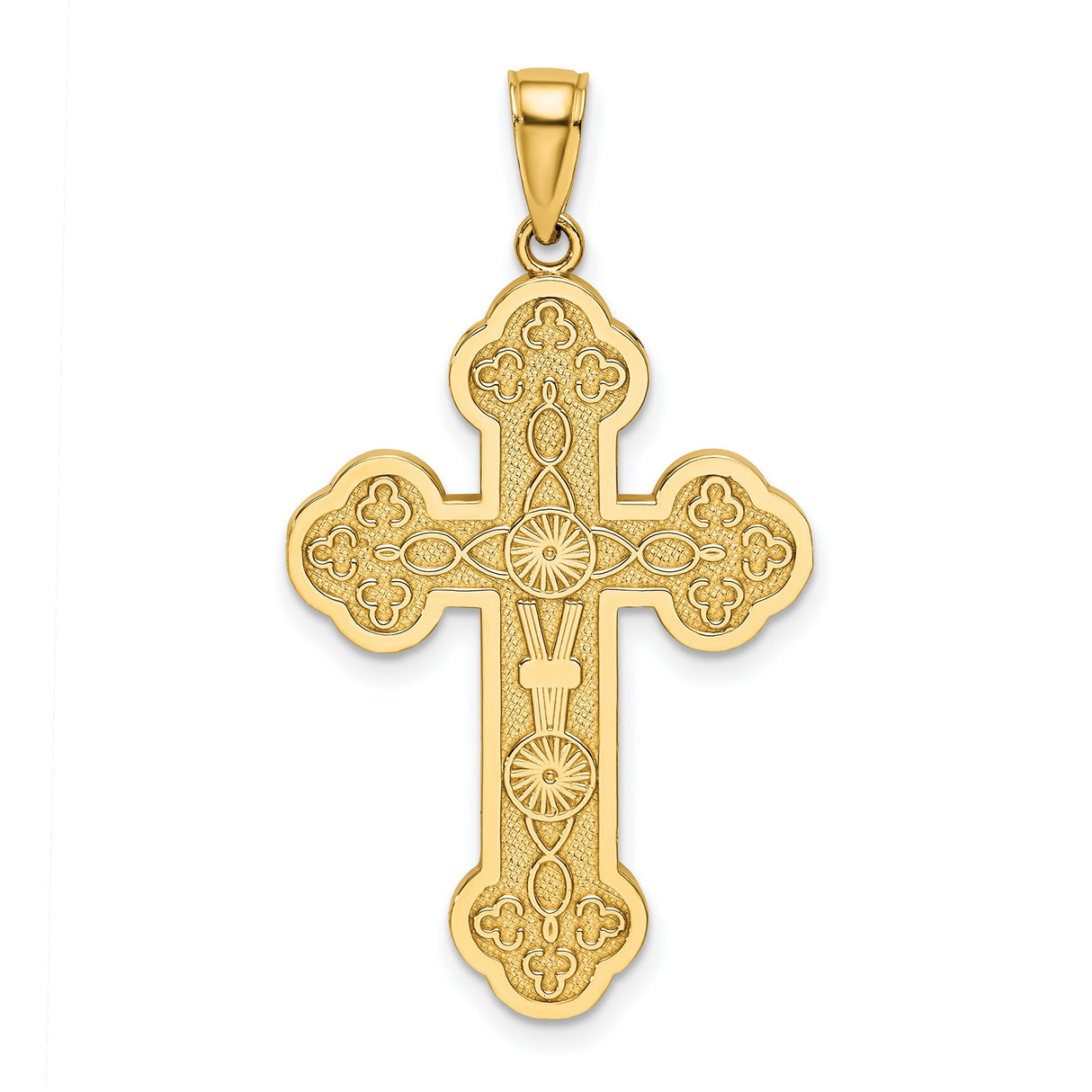 14k Yellow Gold Cross Pendant with Sunburst Center and Etched Design for Men and Women