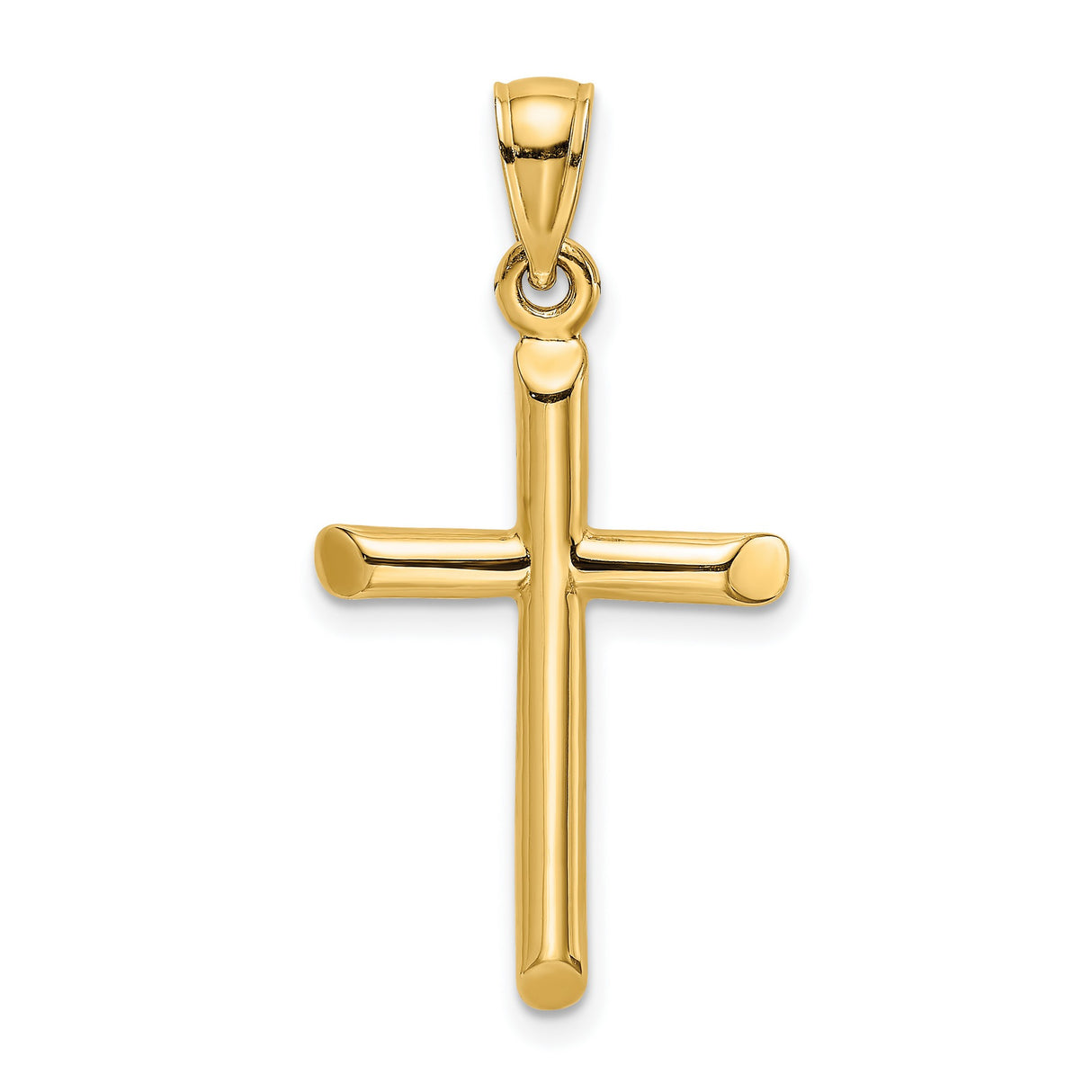 14k Yellow Gold Cylinder Cross Pendant with Polished Finish and Rounded Edges