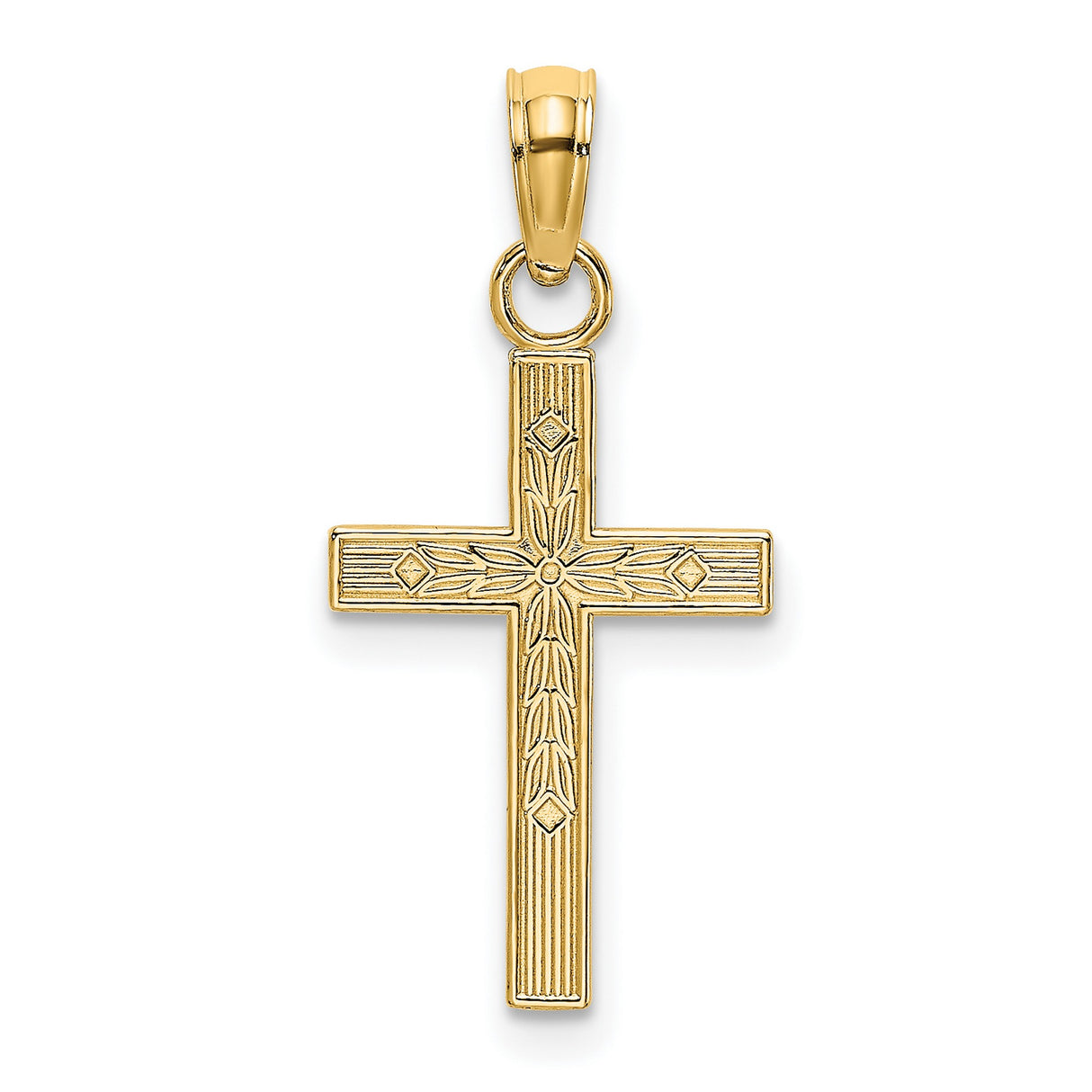 14k Yellow Gold Cross Pendant with Polished Textured Beveled Design for Men and Women