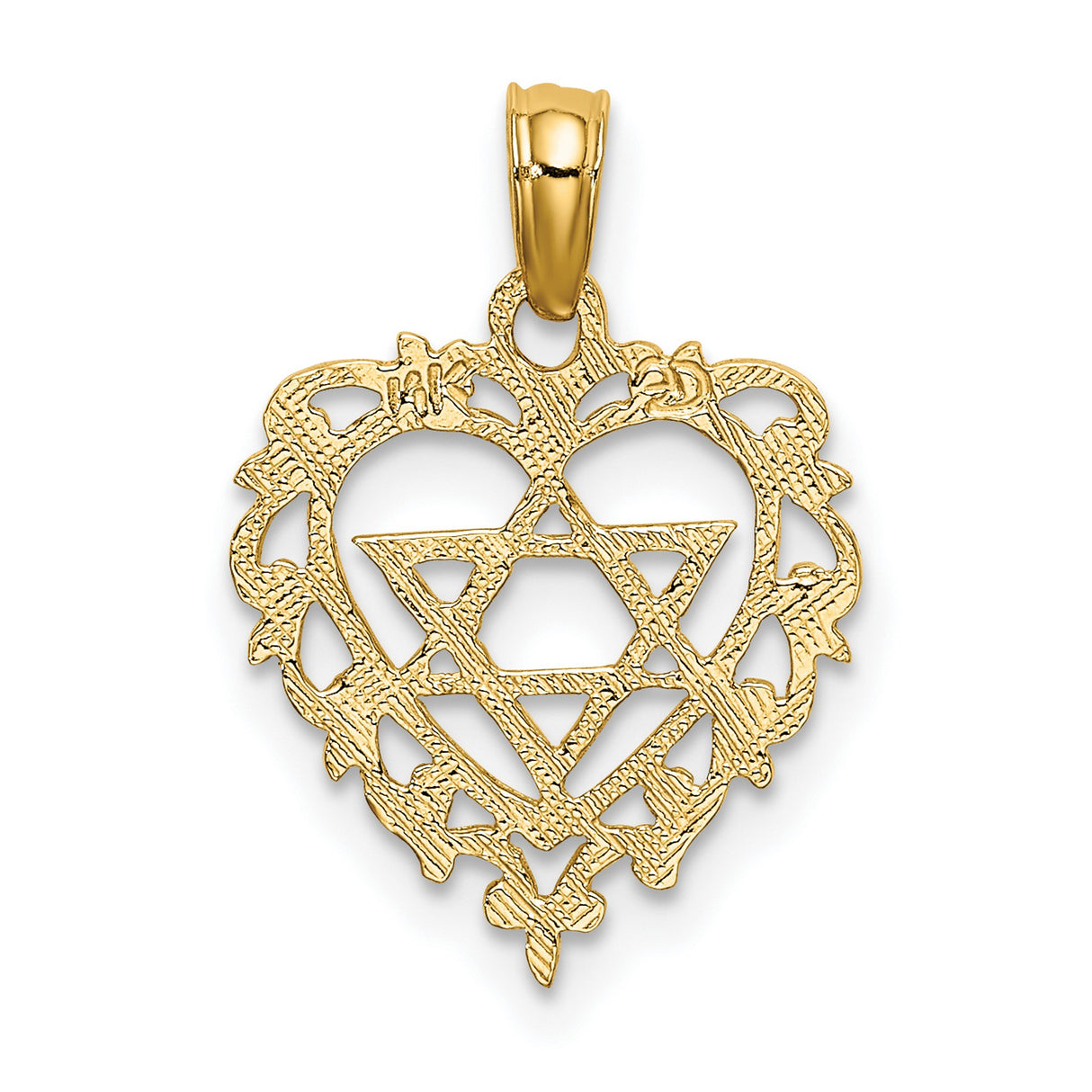 14k Yellow Gold Heart Pendant with Star of David and Scrollwork Design