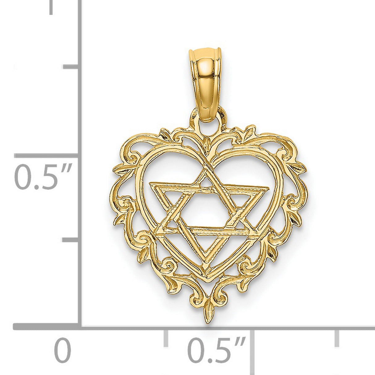 14k Yellow Gold Heart Pendant with Star of David and Scrollwork Design