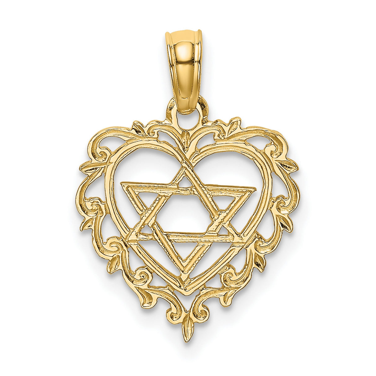 14k Yellow Gold Heart Pendant with Star of David and Scrollwork Design