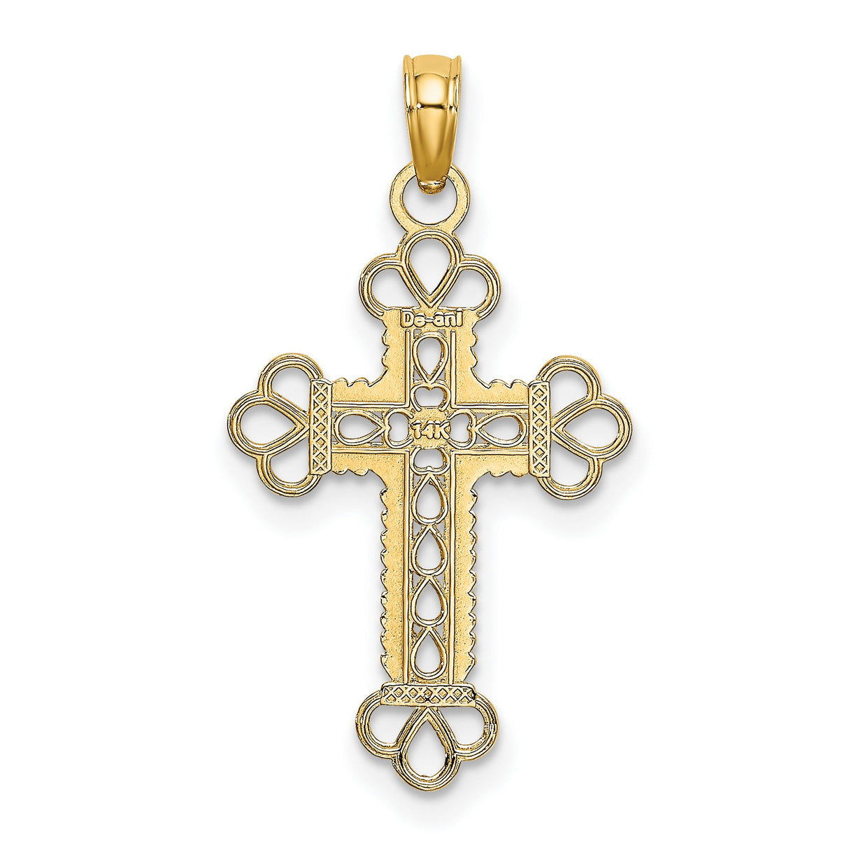 14k Yellow Gold Cross Pendant with Rope Frame, Scroll Detail, and Cut-Out Design