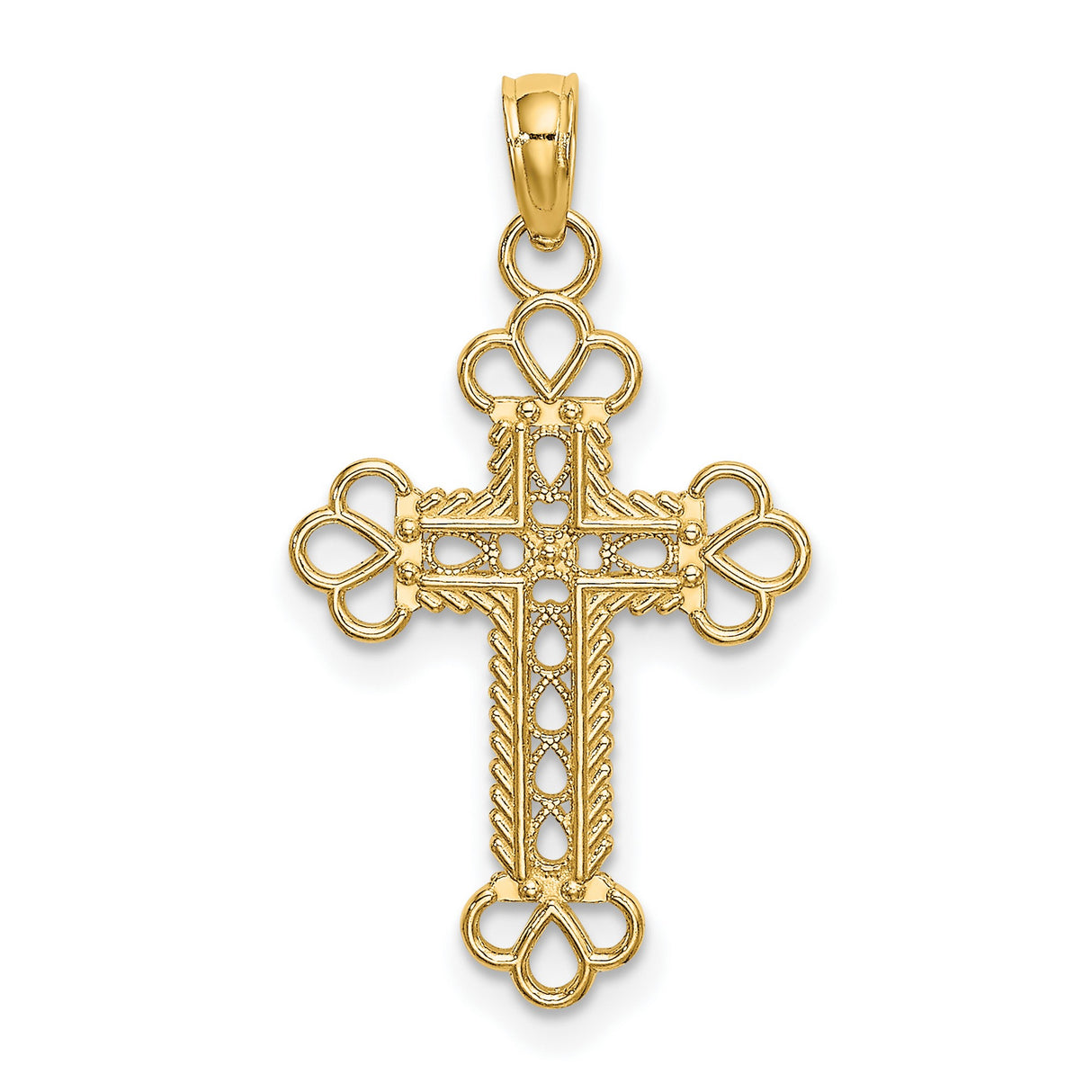 14k Yellow Gold Cross Pendant with Rope Frame, Scroll Detail, and Cut-Out Design