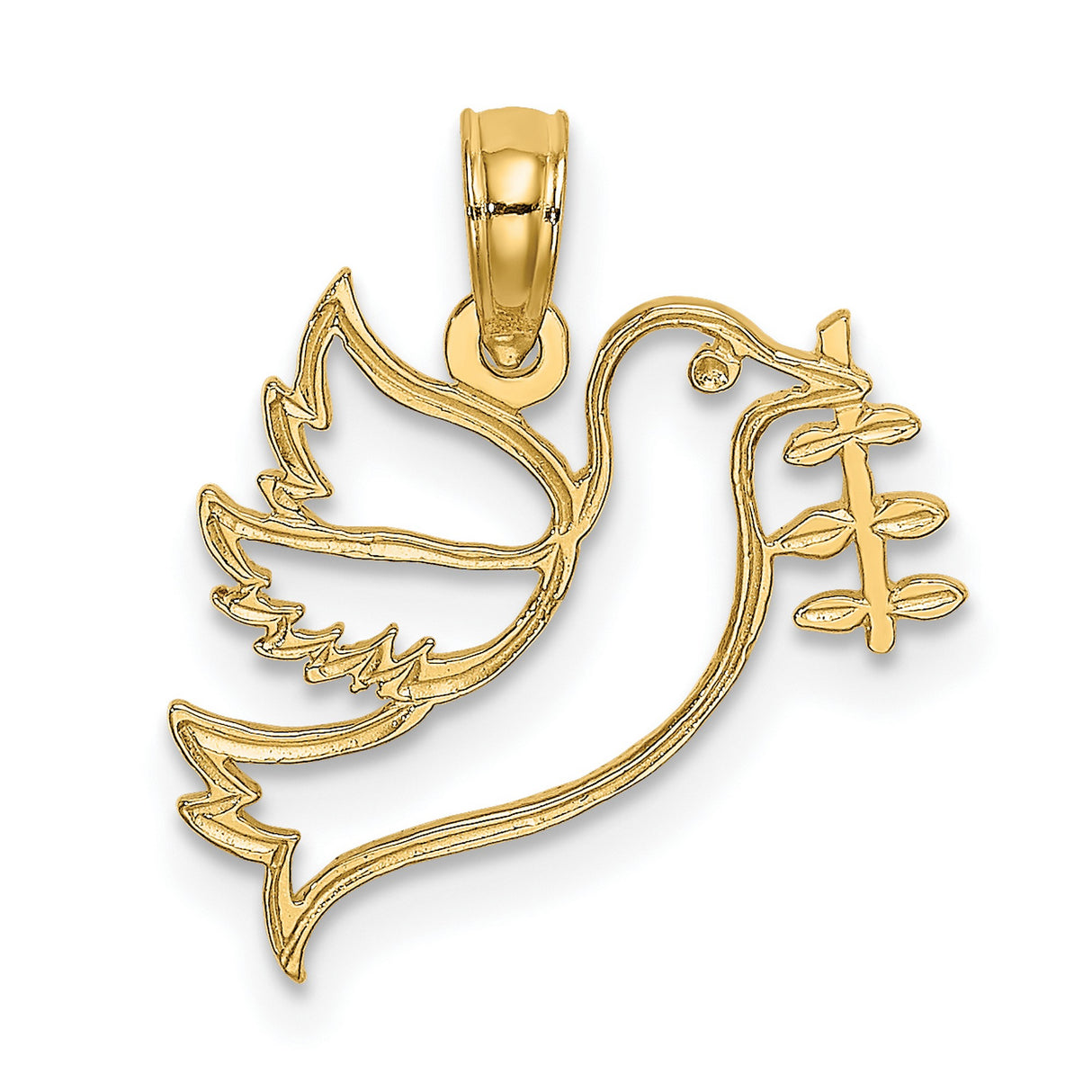 14k Yellow Gold Dove Pendant with Olive Branch, Open Design Christian Jewelry for Women or Unisex