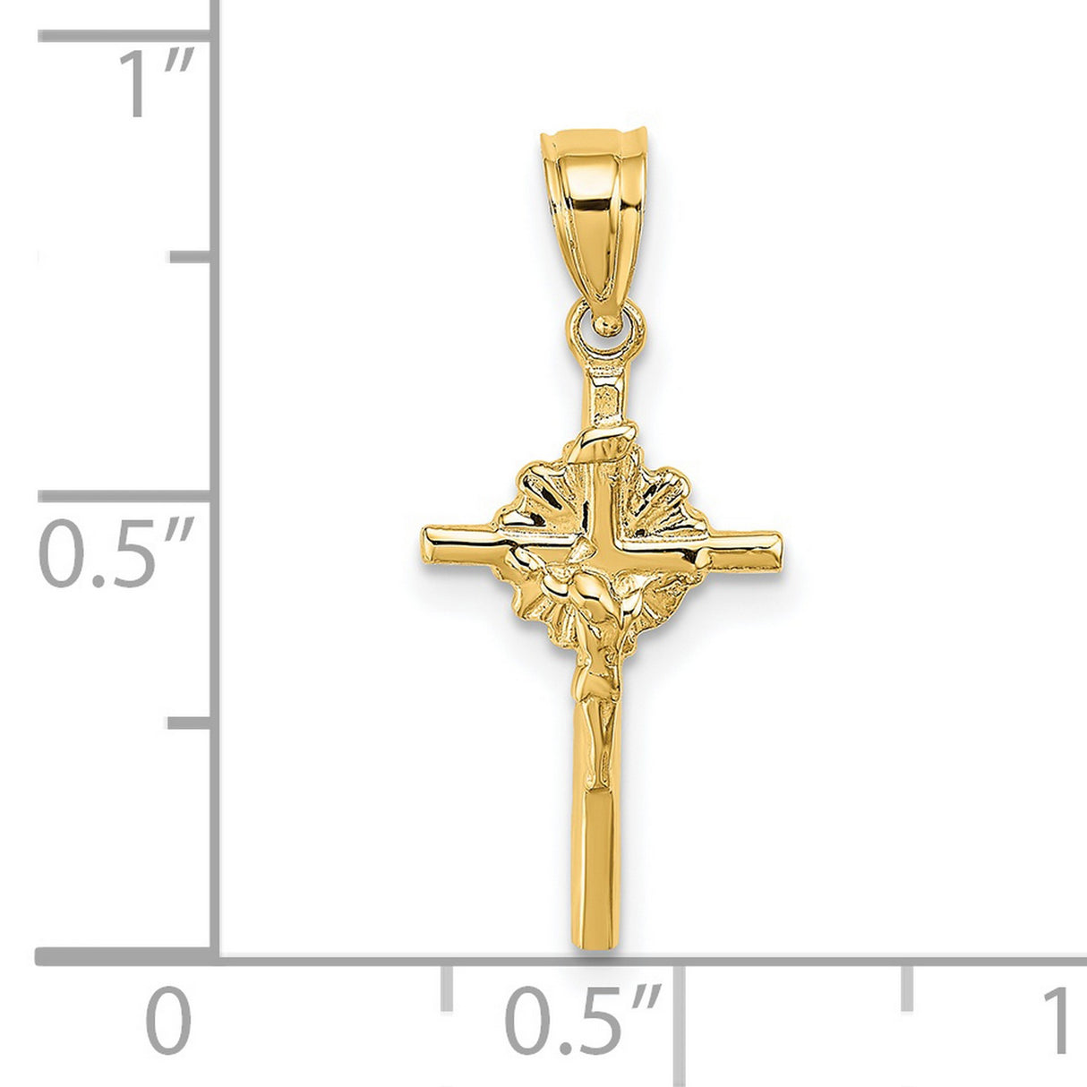 14k Yellow Gold Crucifix Pendant with Jesus on Cross, Polished Latin Cross Charm