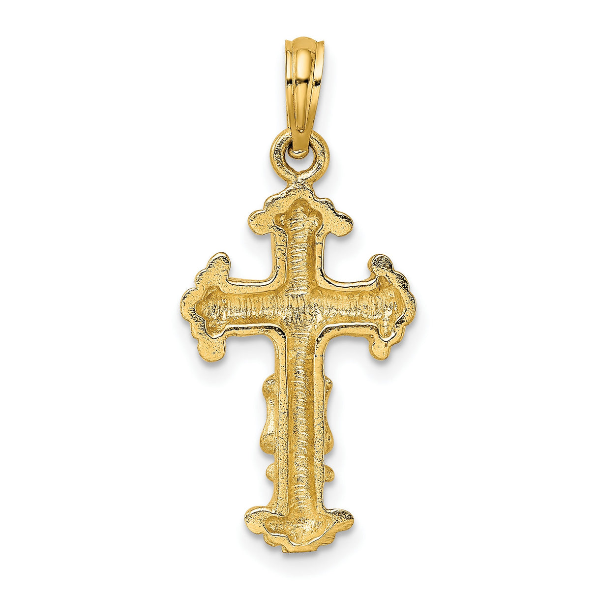 14k Yellow Gold Cross Pendant with Polished Fleur-de-Lis and Baroque Style Design