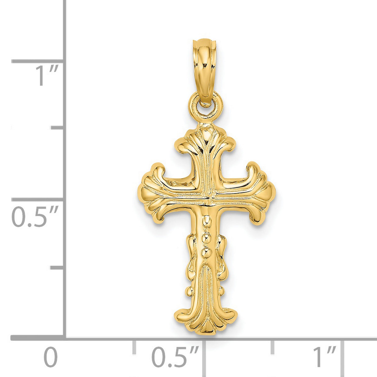 14k Yellow Gold Cross Pendant with Polished Fleur-de-Lis and Baroque Style Design