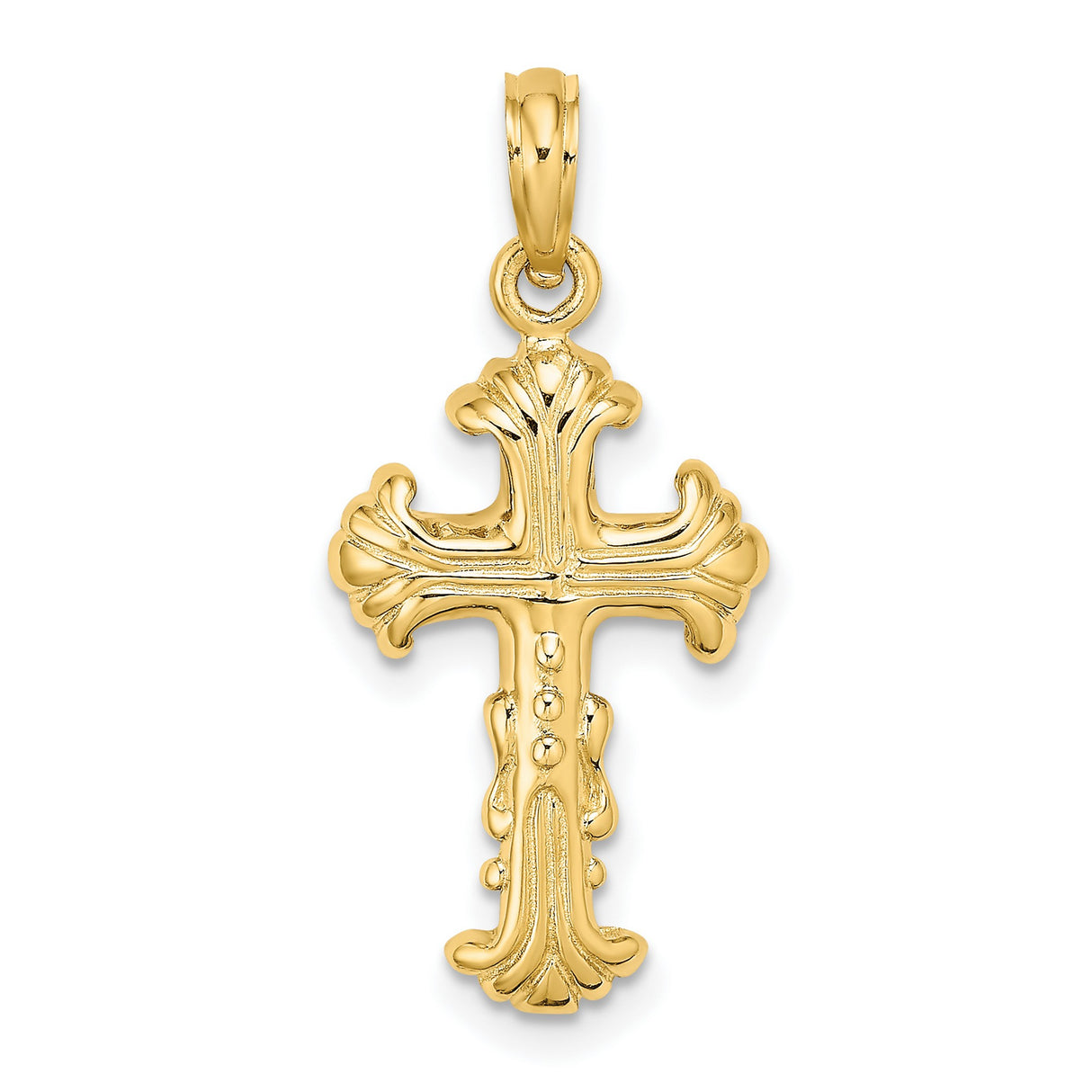 14k Yellow Gold Cross Pendant with Polished Fleur-de-Lis and Baroque Style Design