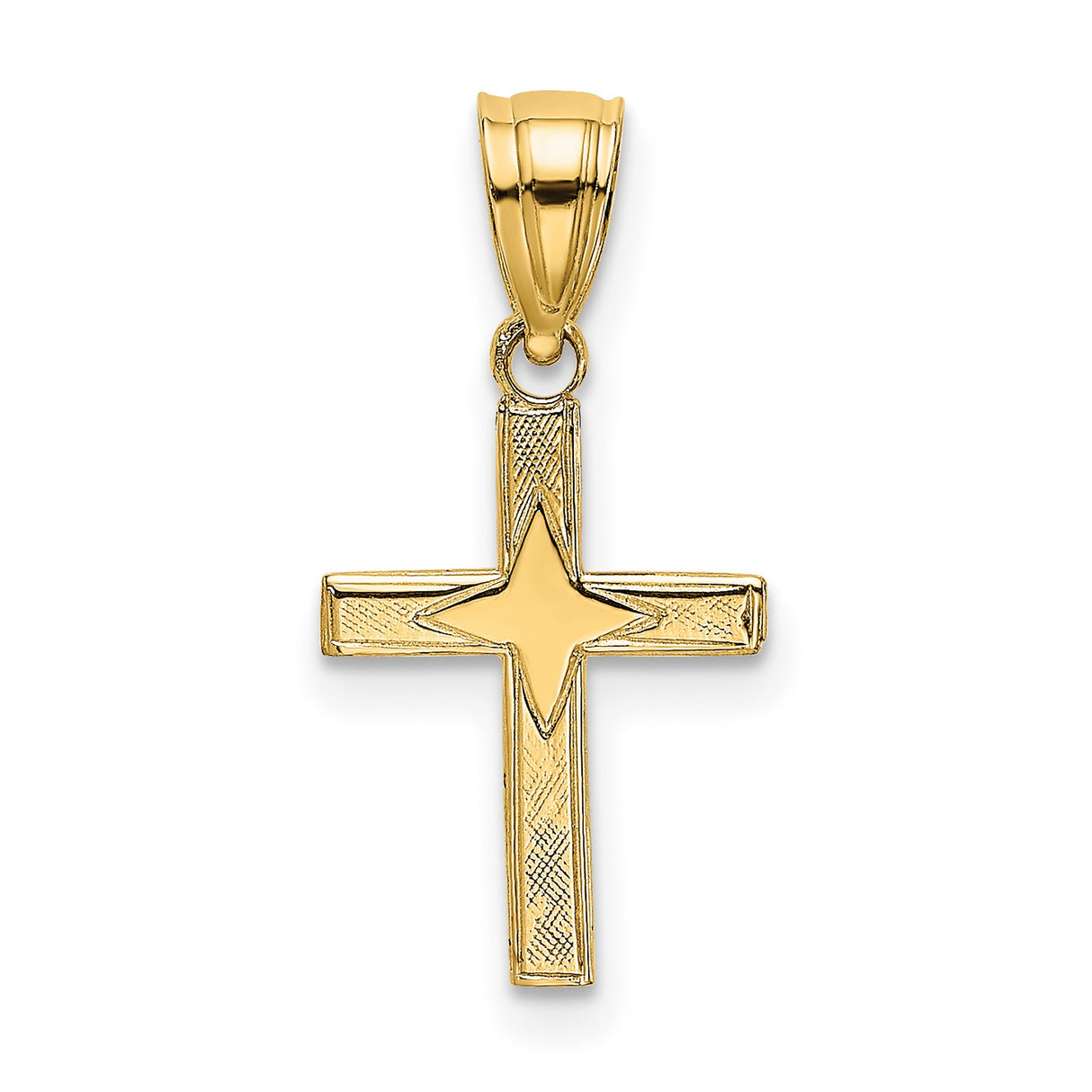 14k Yellow Gold Cross Pendant with Mirror Finish and Beveled Edges for Men and Women
