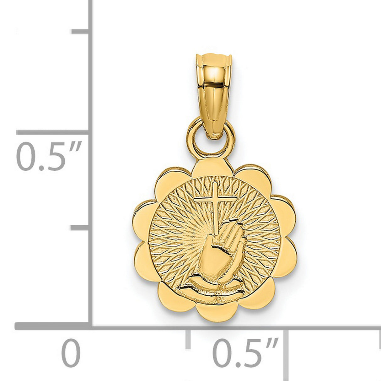 14k Yellow Gold Cross Pendant with Praying Hands and Scalloped Sunburst Design