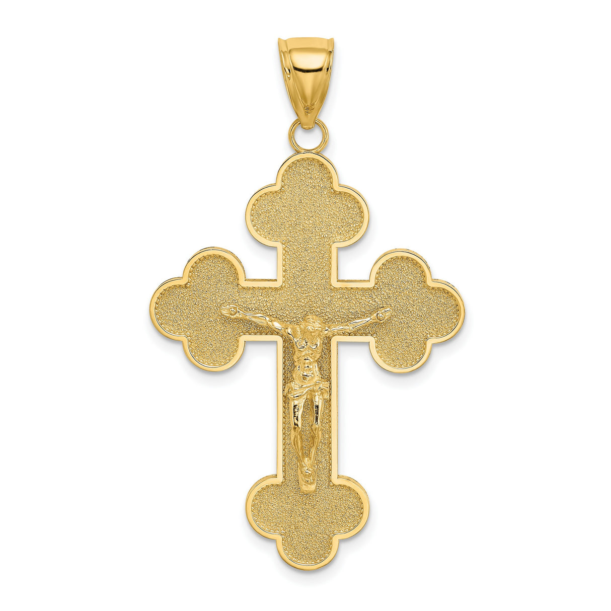 14k Yellow Gold Crucifix Pendant with Budded Trefoil Tips and Jesus Cross Design