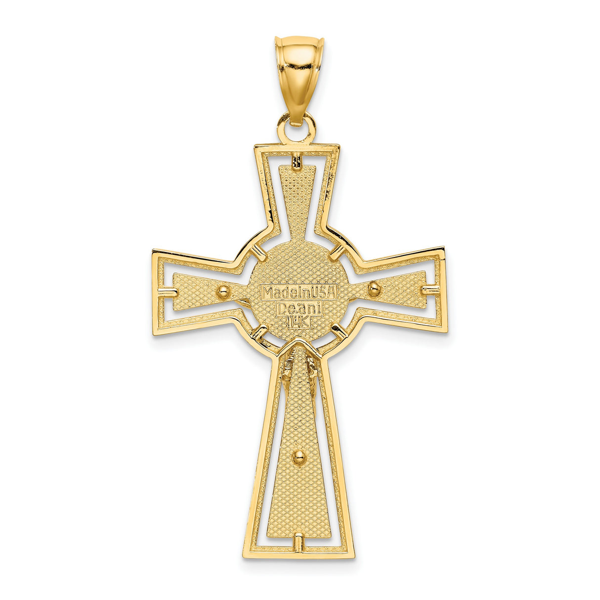 14k Yellow Gold Crucifix Pendant with Textured Cross and Dimensional Christ Figure Design