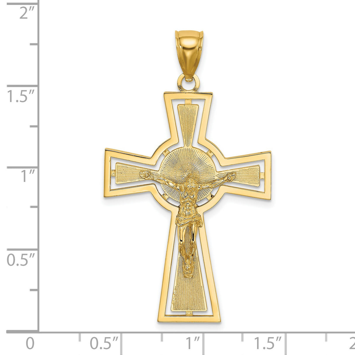 14k Yellow Gold Crucifix Pendant with Textured Cross and Dimensional Christ Figure Design