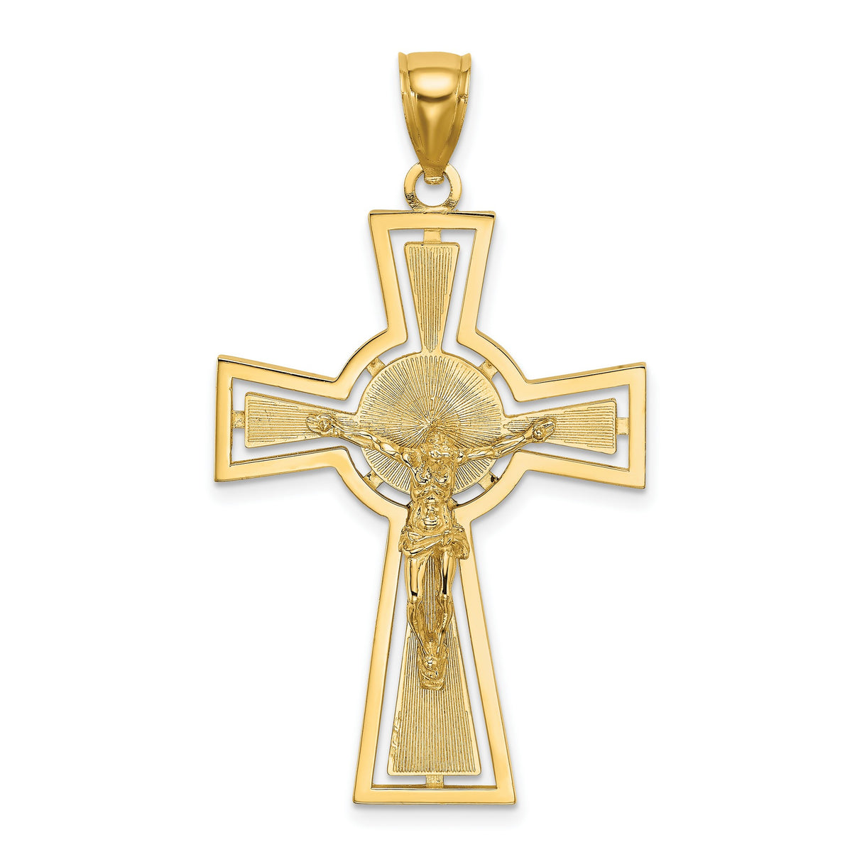 14k Yellow Gold Crucifix Pendant with Textured Cross and Dimensional Christ Figure Design
