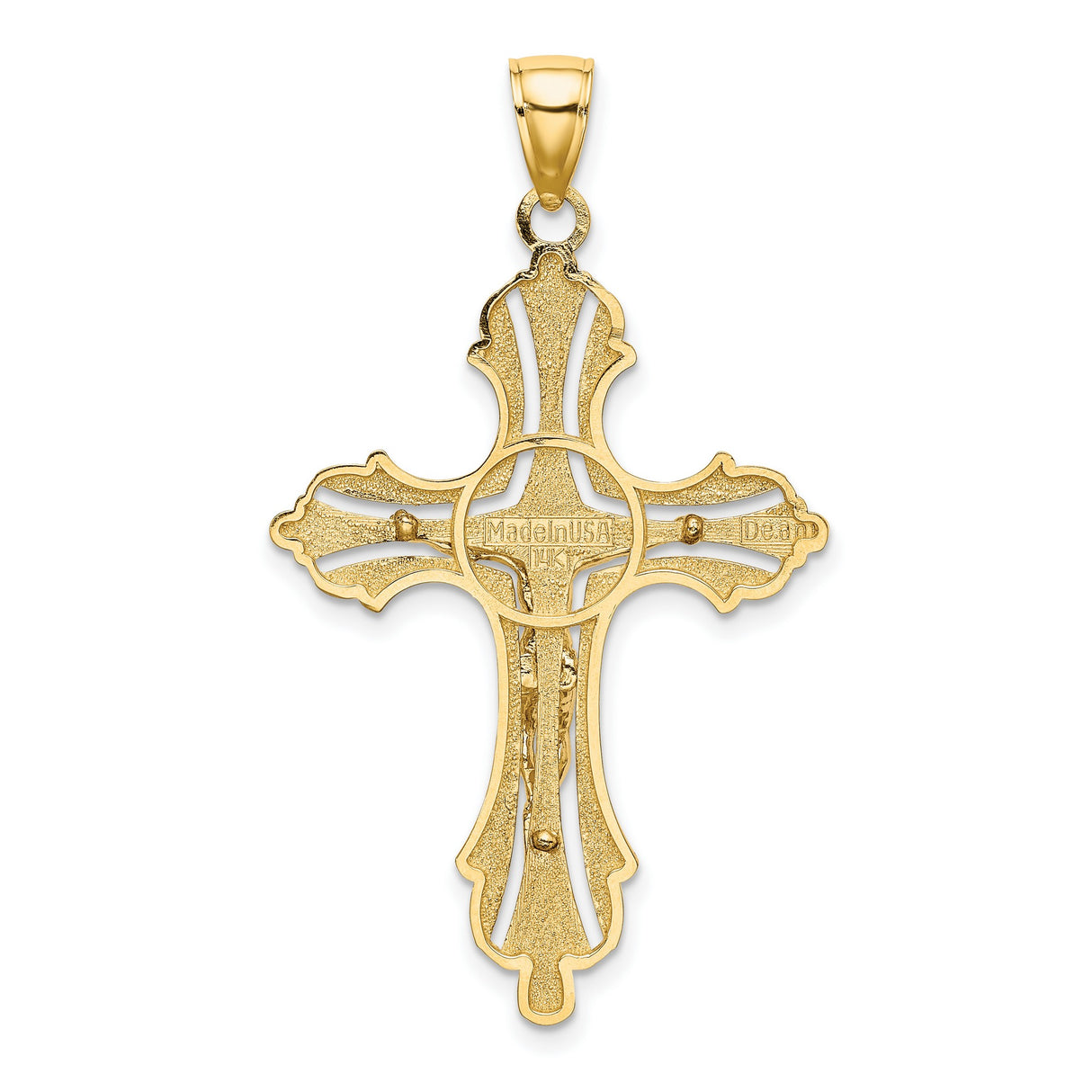 14k Yellow Gold Crucifix Cross Pendant with Textured Budded Tips Catholic Religious Design