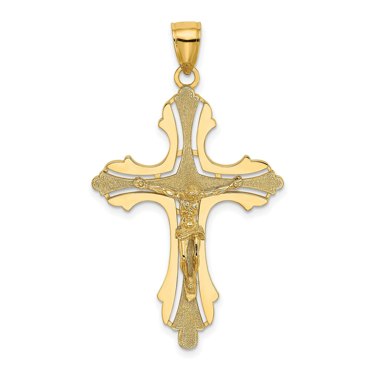 14k Yellow Gold Crucifix Cross Pendant with Textured Budded Tips Catholic Religious Design