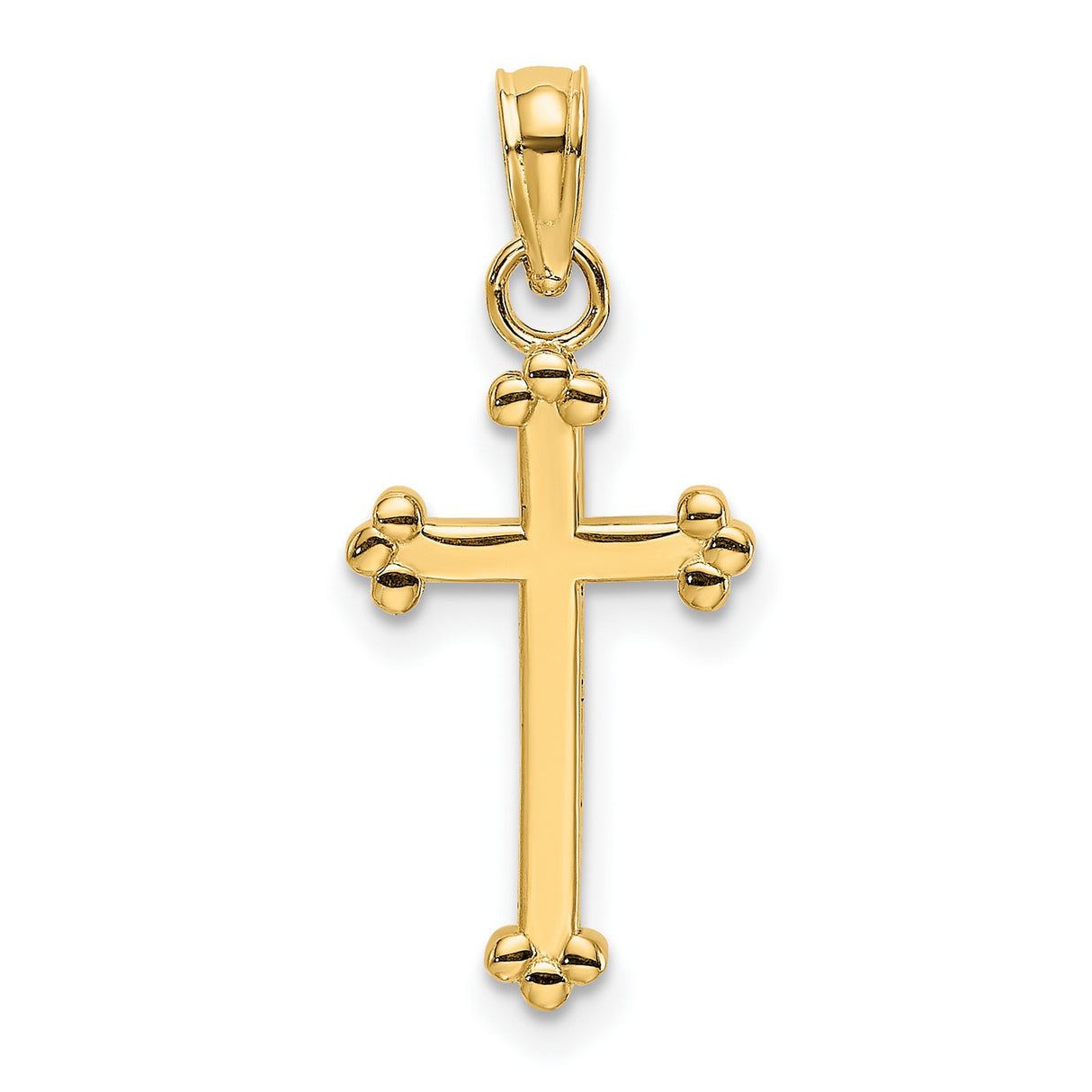 14k Yellow Gold Cross Pendant with Polished Beaded Detail, Religious Charm for Men and Women