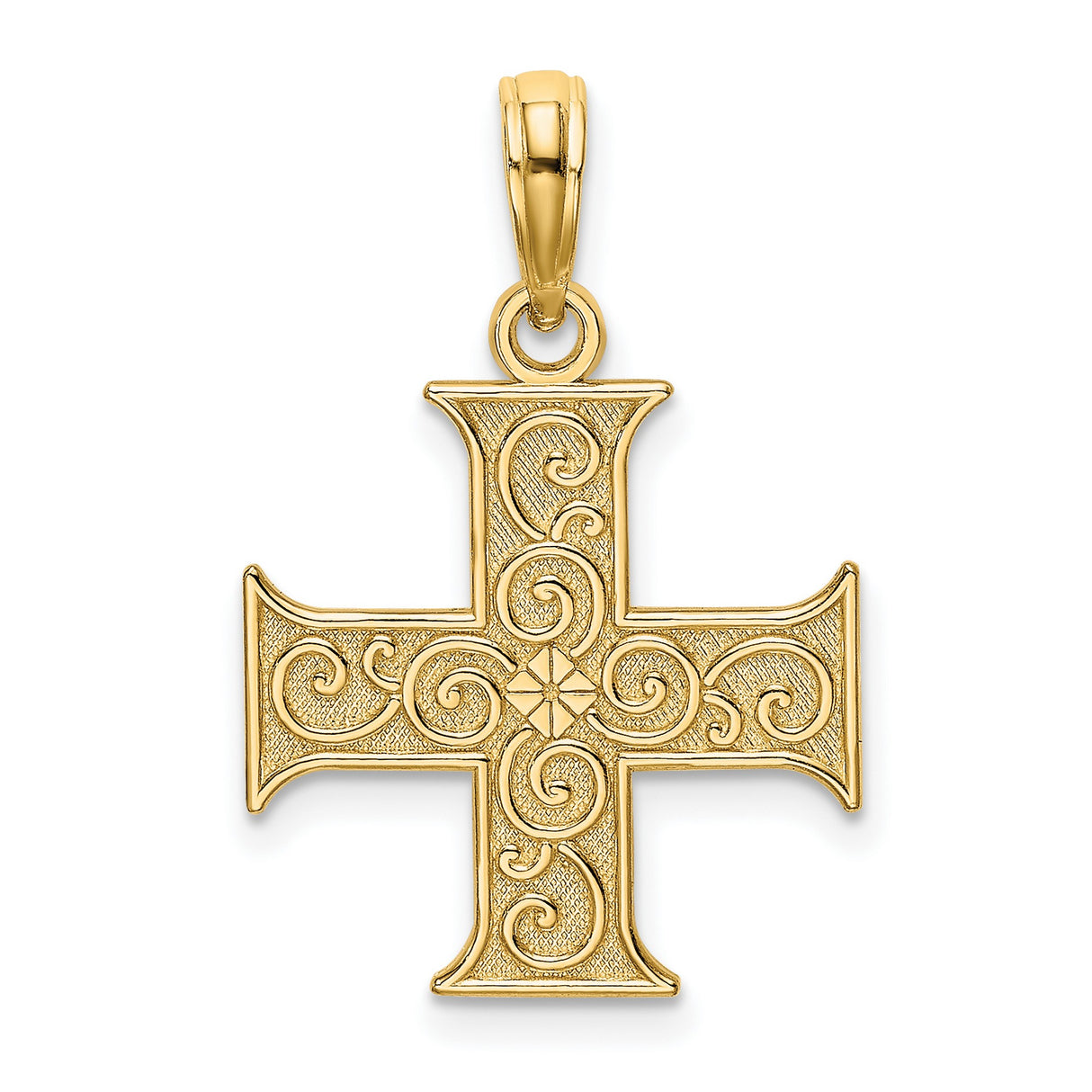 14k Yellow Gold Greek Cross Pendant with Scroll Design and Flared Tips