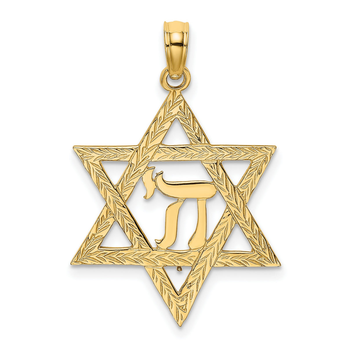 14k Yellow Gold Star of David Pendant with Textured Finish and Hebrew Chai Symbol