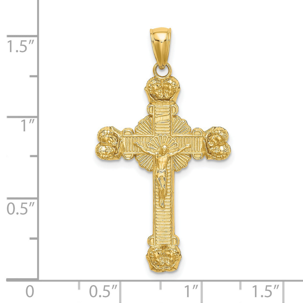 14k Yellow Gold Crucifix Cross Pendant with Sunburst Rays Religious Charm
