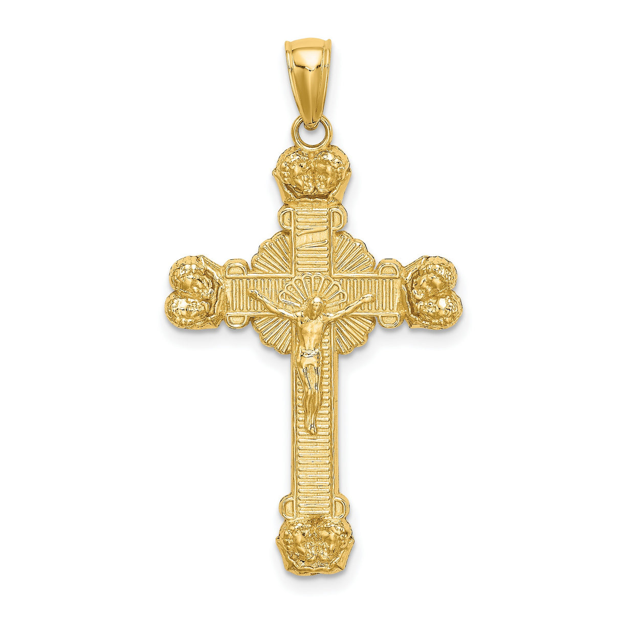 14k Yellow Gold Crucifix Cross Pendant with Sunburst Rays Religious Charm