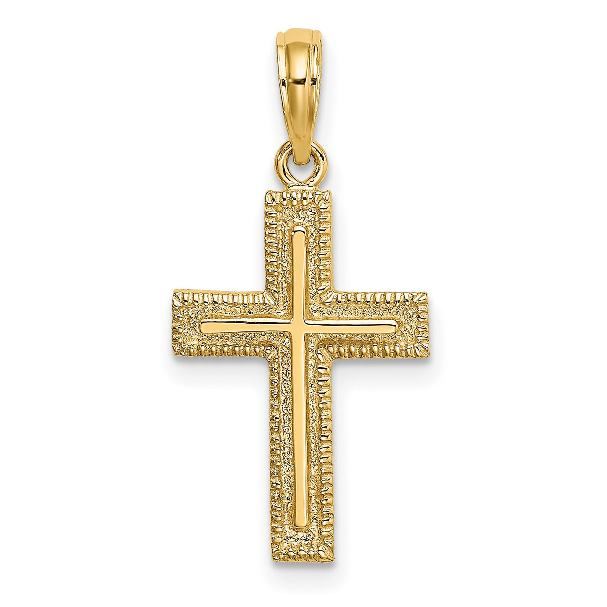 14k Yellow Gold Cross Pendant with Satin Finish and Milgrain Border for Men and Women
