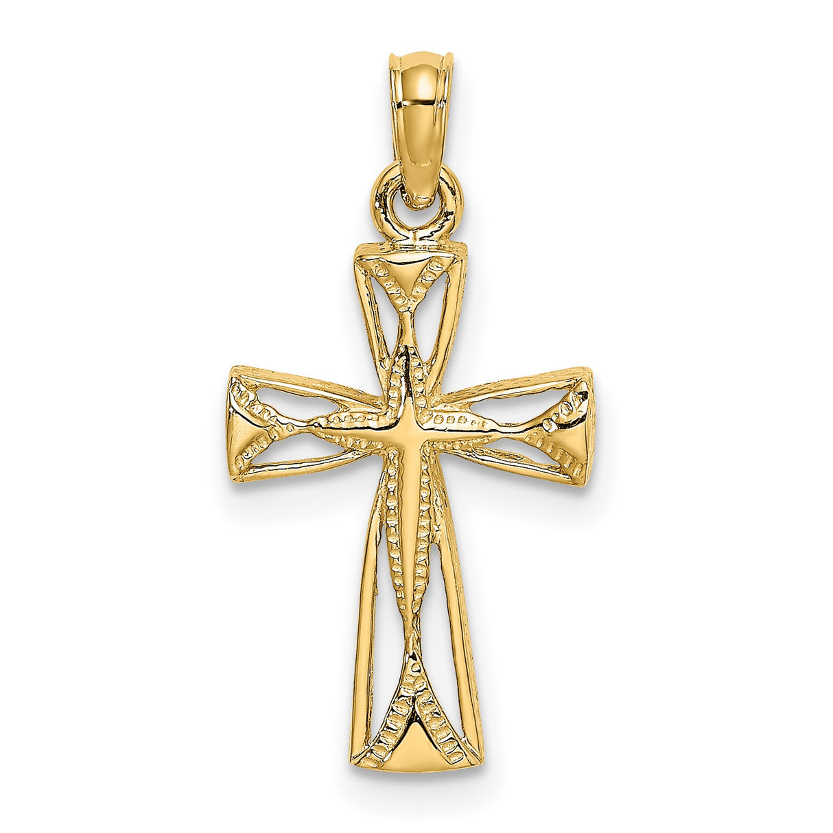 14k Yellow Gold Cross Pendant with Openwork Design and Diamond Cut Finish for Men and Women