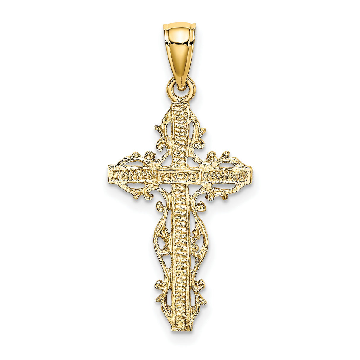14k Yellow Gold Cross Pendant with Filigree Floral Trim, Vintage Religious Design for Men and Women
