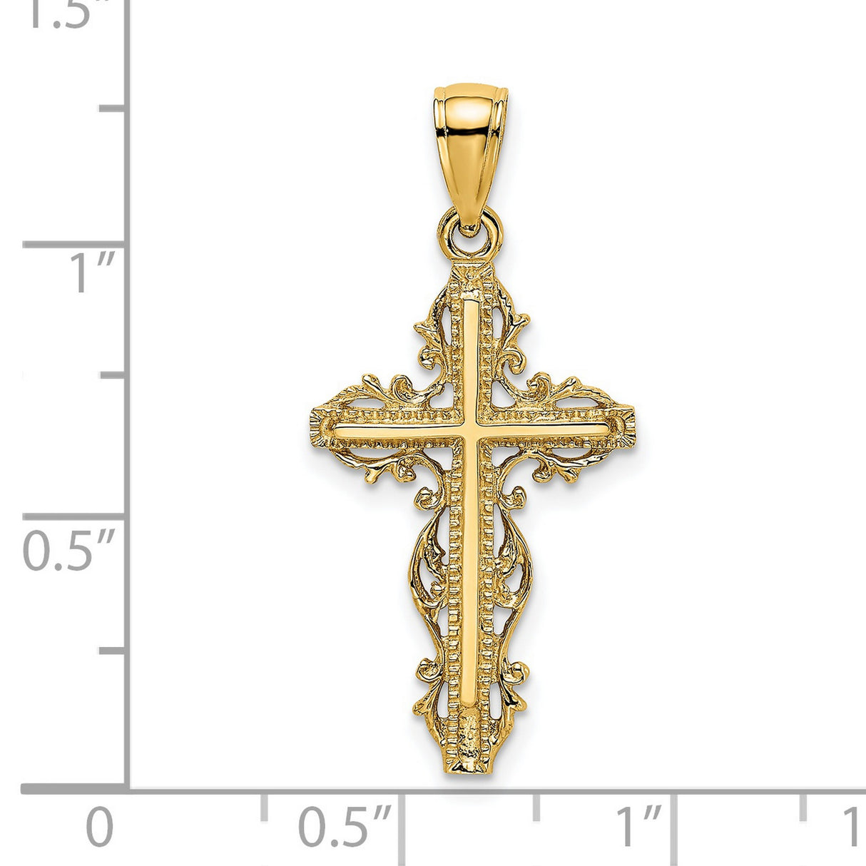 14k Yellow Gold Cross Pendant with Filigree Floral Trim, Vintage Religious Design for Men and Women
